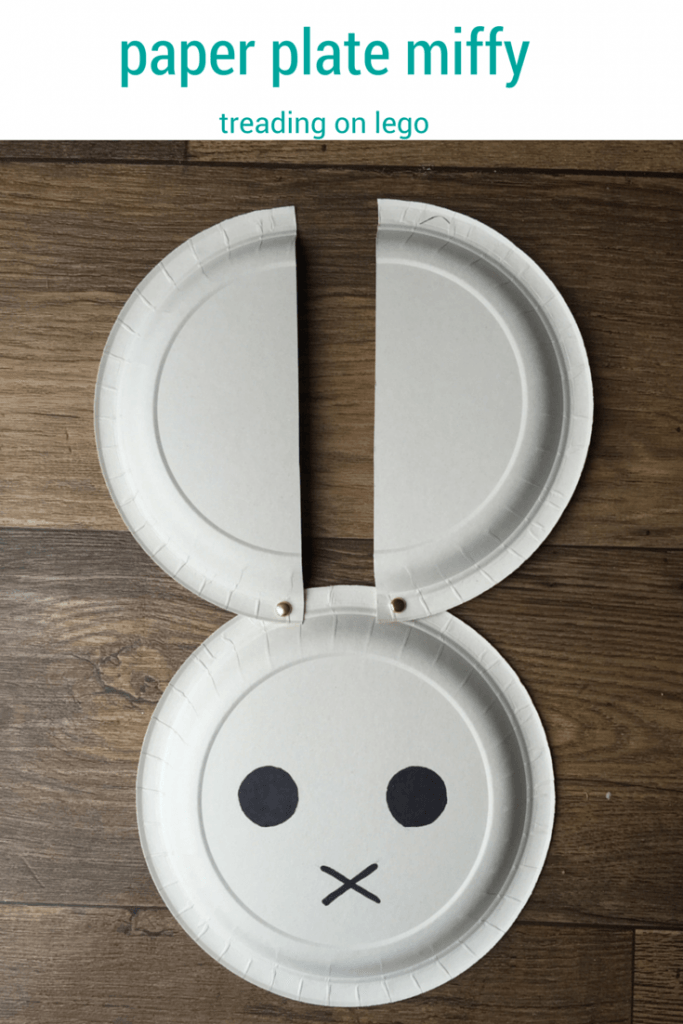 Paper plate Miffy craft for kids - treading on lego